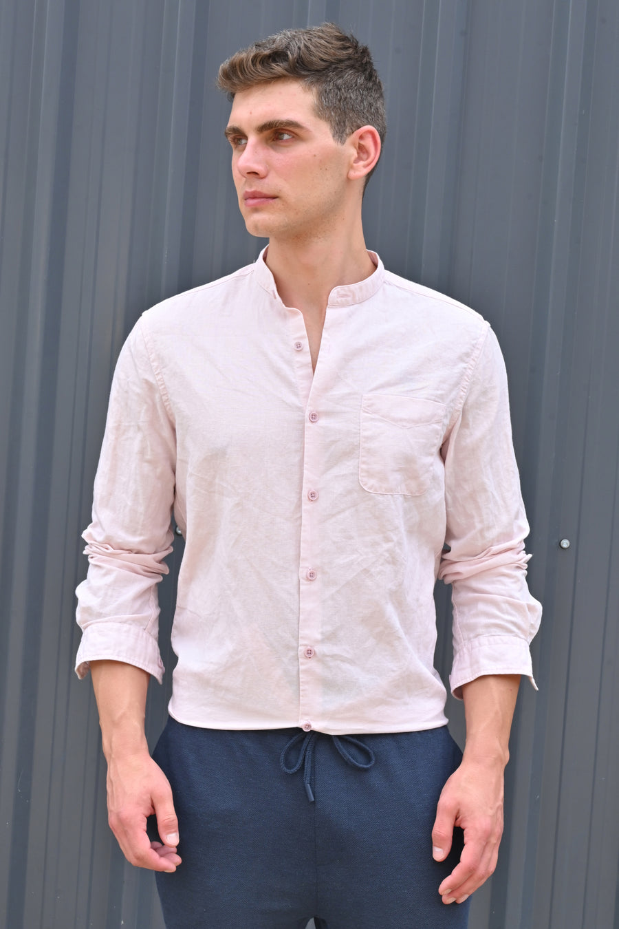 Theme - Cotton Linen Solid Shirt With Mao Collar - Pink