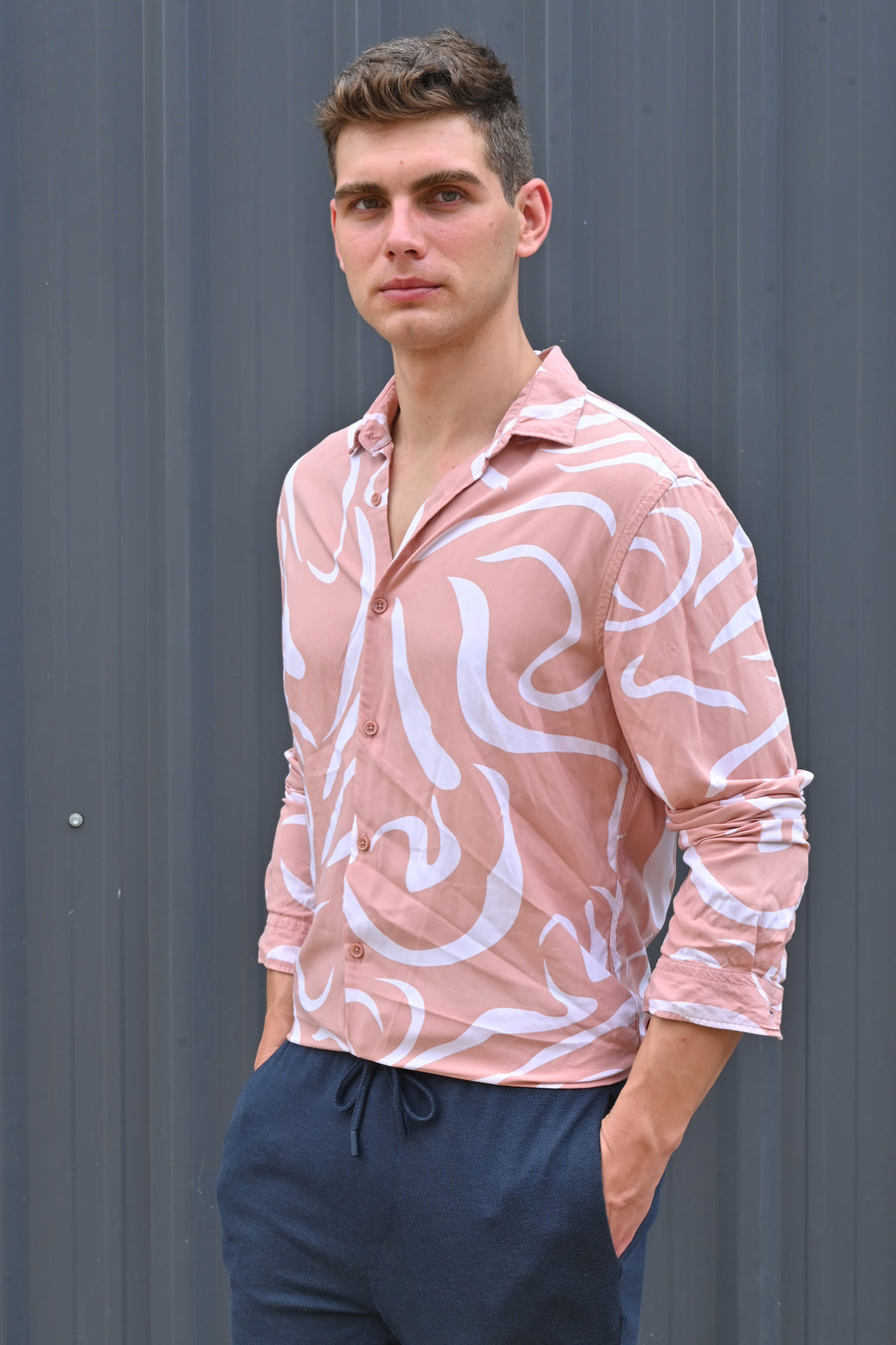 Cadman - Viscose Abstract Print Shirt - Peach