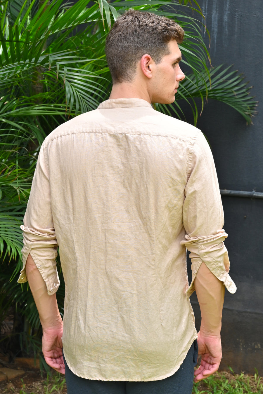 Theme - Cotton Linen Solid Shirt With Mao Collar - Sand