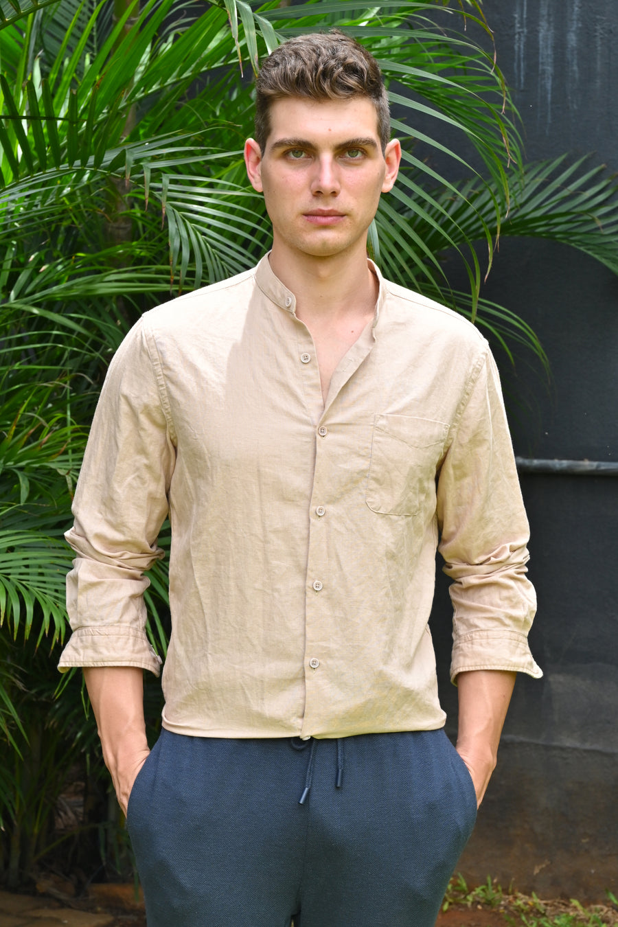 Theme - Cotton Linen Solid Shirt With Mao Collar - Sand