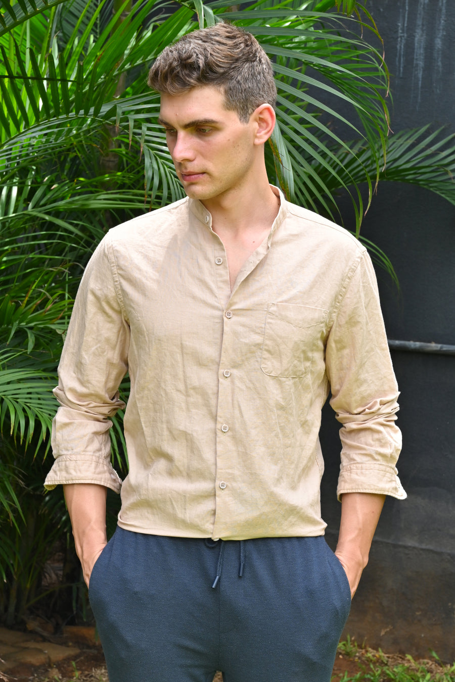 Theme - Cotton Linen Solid Shirt With Mao Collar - Sand