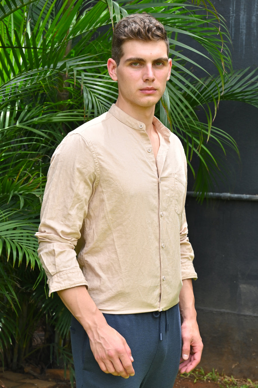 Theme - Cotton Linen Solid Shirt With Mao Collar - Sand