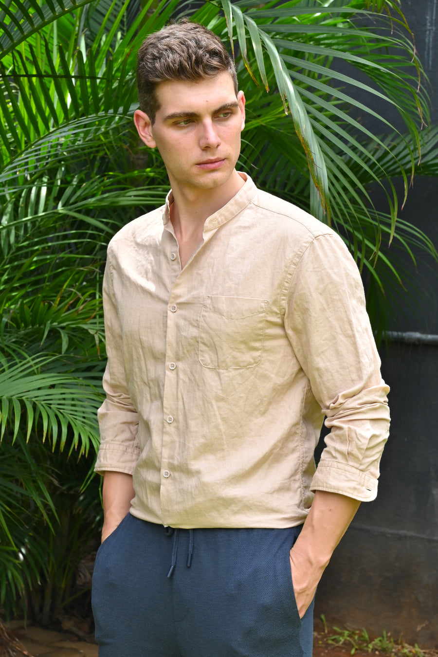 Theme - Cotton Linen Solid Shirt With Mao Collar - Sand