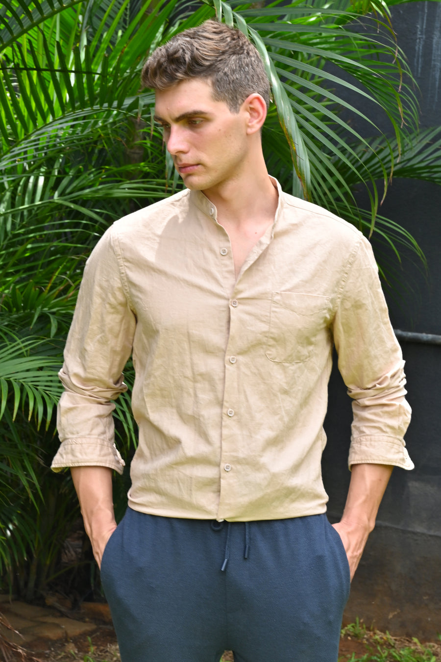 Theme - Cotton Linen Solid Shirt With Mao Collar - Sand