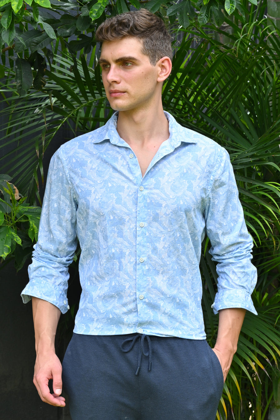 Classic - Cotton Linen Printed Shirt - Blue