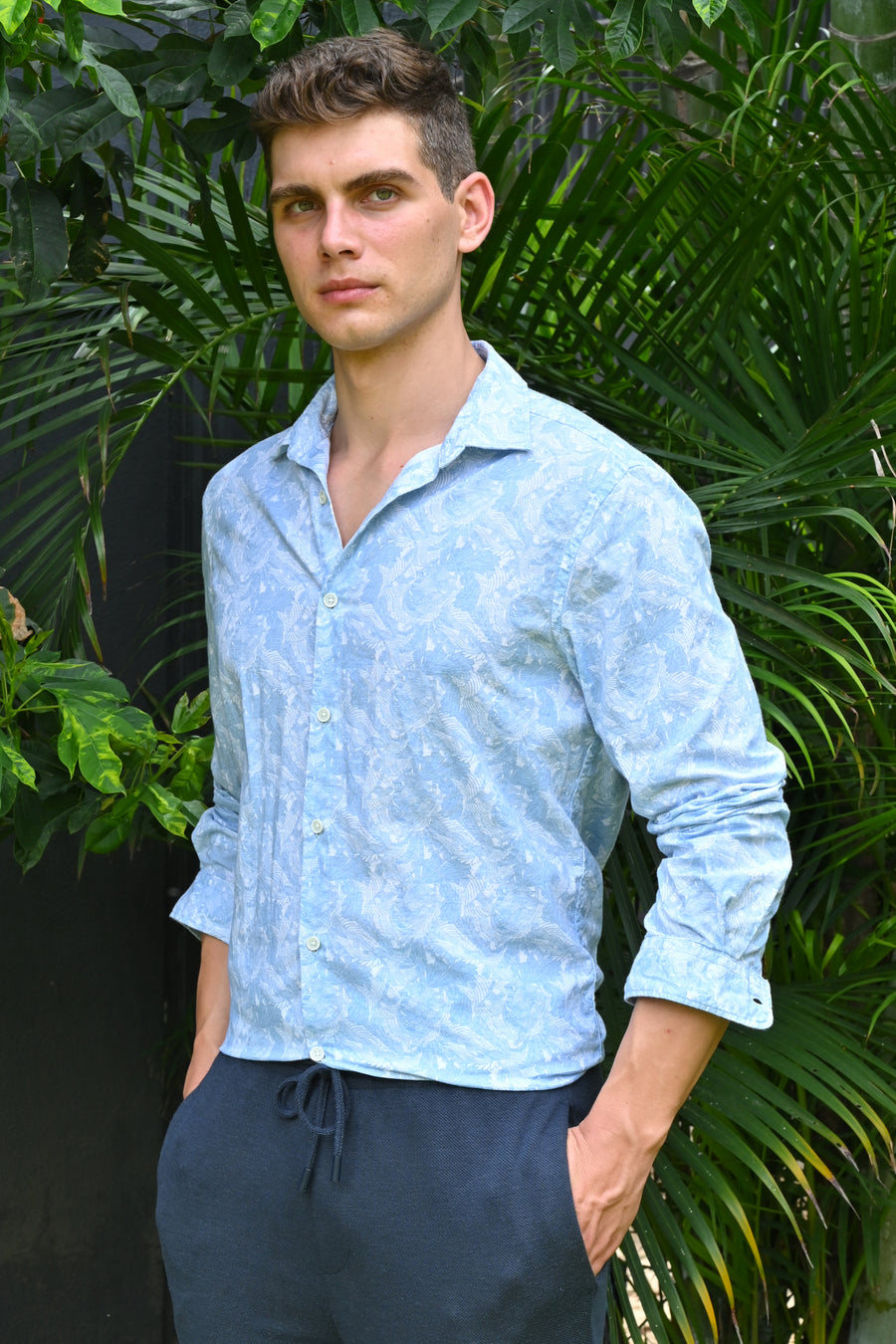 Classic - Cotton Linen Printed Shirt - Blue