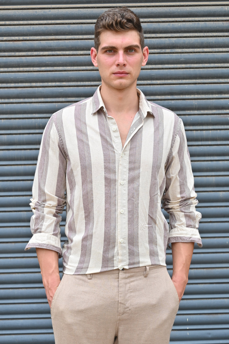 Tommy - Linen Striped Shirt - Maroon