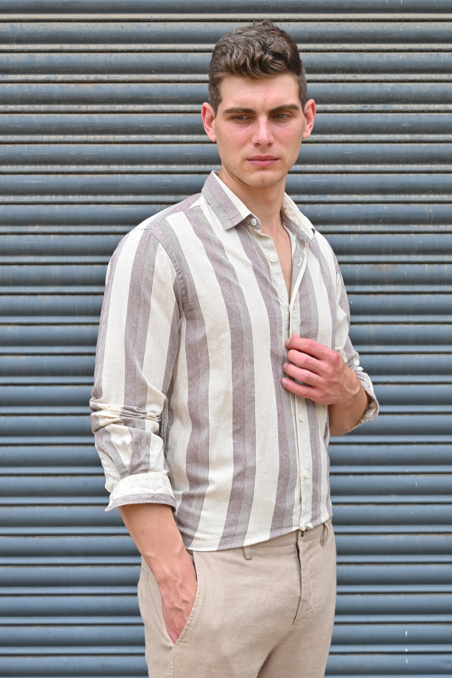 Tommy - Linen Striped Shirt - Maroon