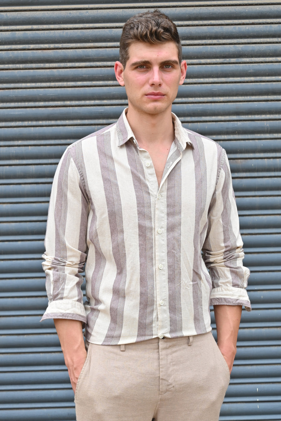 Tommy - Linen Striped Shirt - Maroon