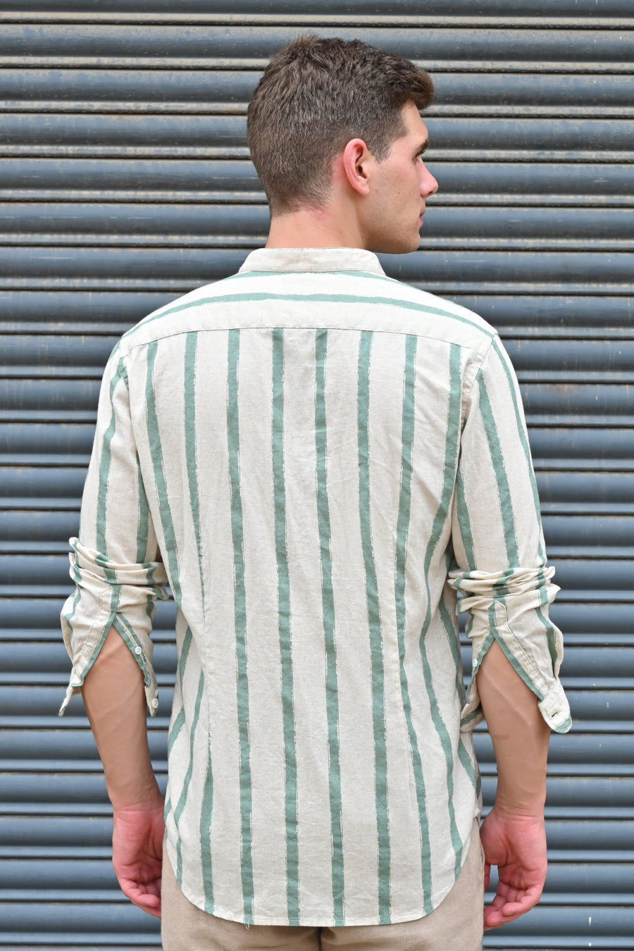 Billie - Striped Shirt With Mao Collar - Green