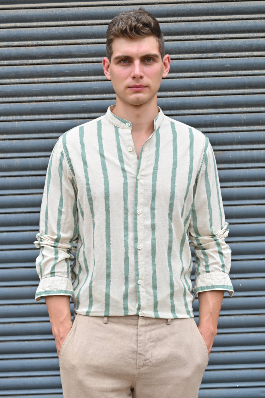 Billie - Striped Shirt With Mao Collar - Green