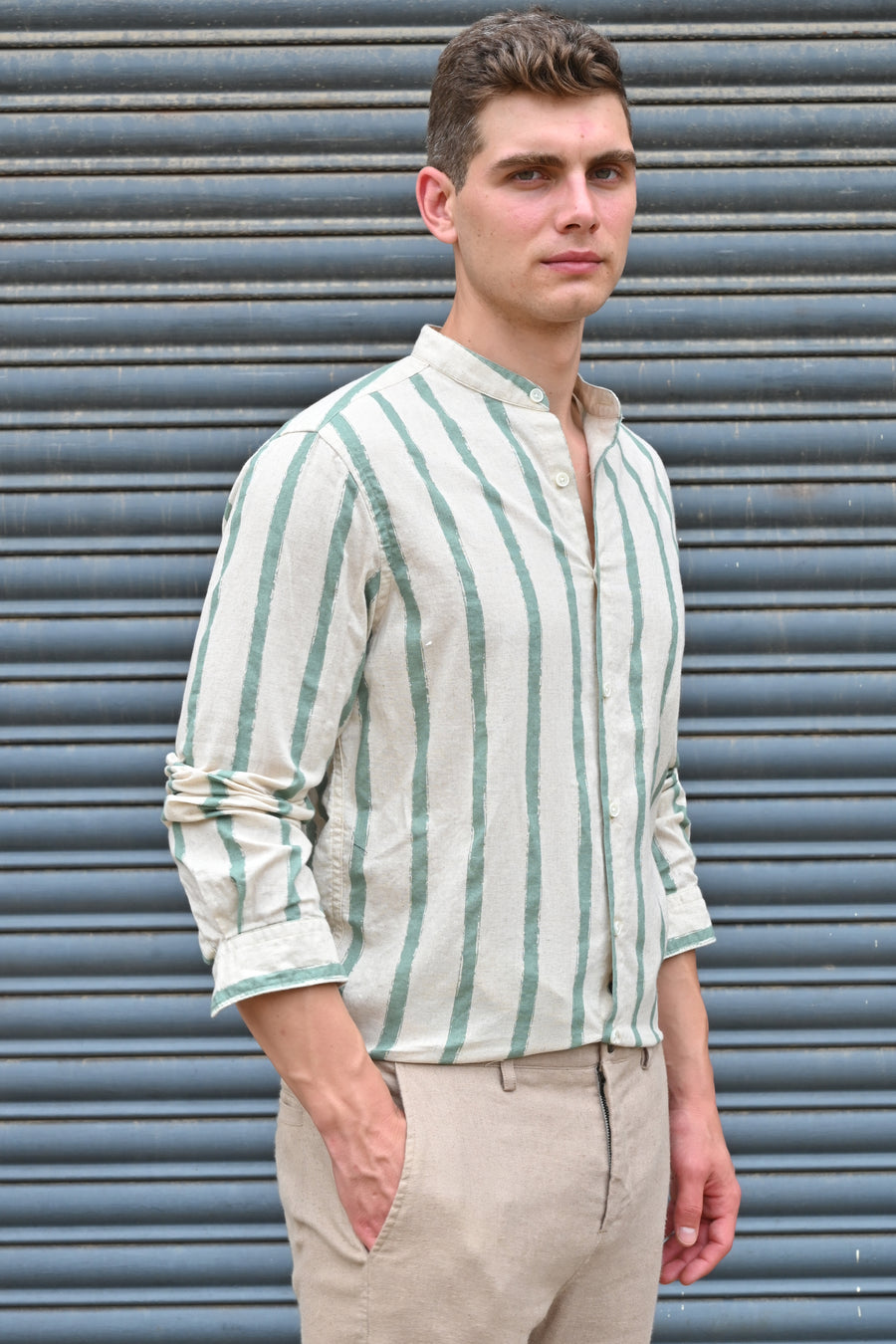 Billie - Striped Shirt With Mao Collar - Green