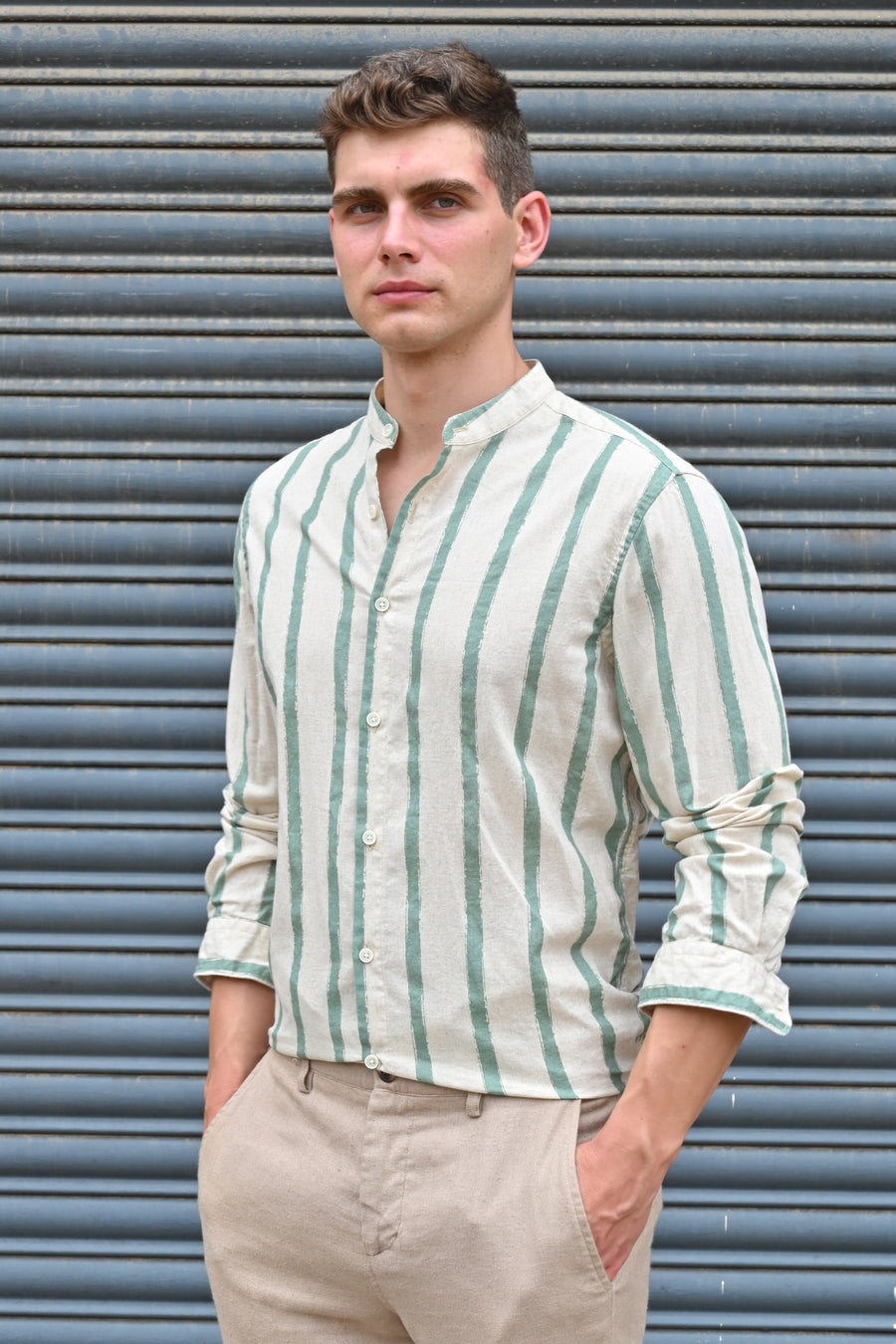 Billie - Striped Shirt With Mao Collar - Green