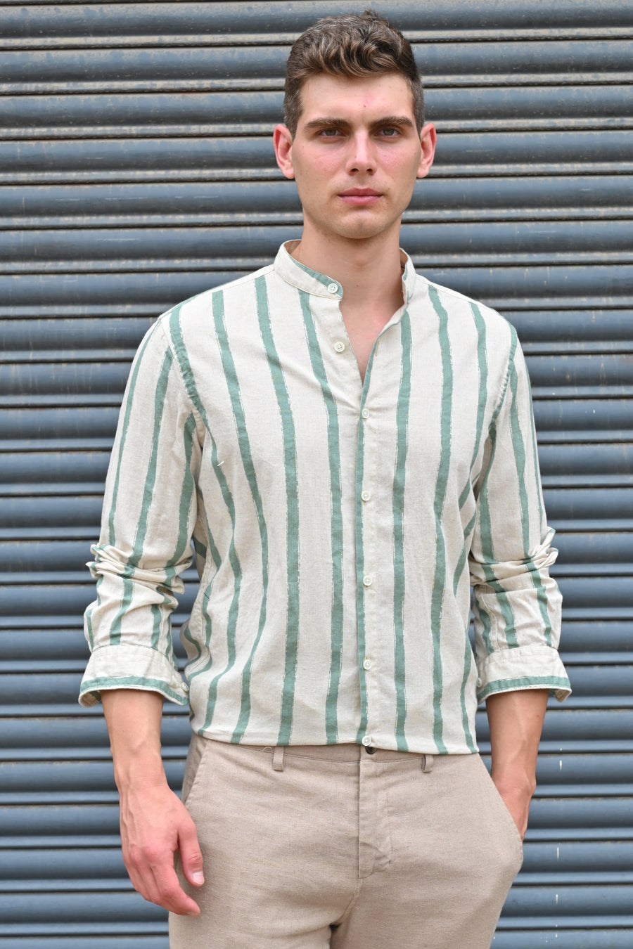 Billie - Striped Shirt With Mao Collar - Green