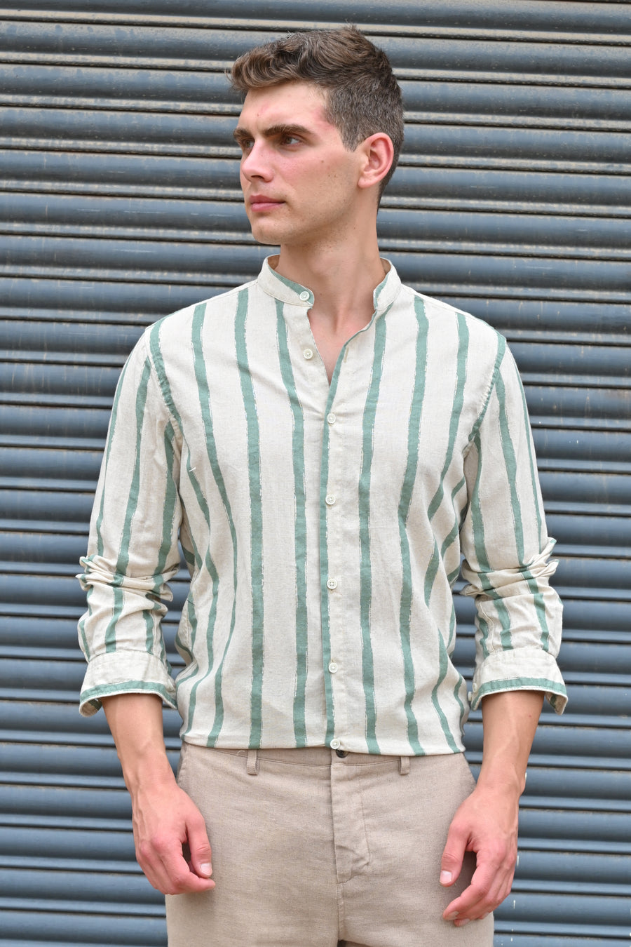 Billie - Striped Shirt With Mao Collar - Green