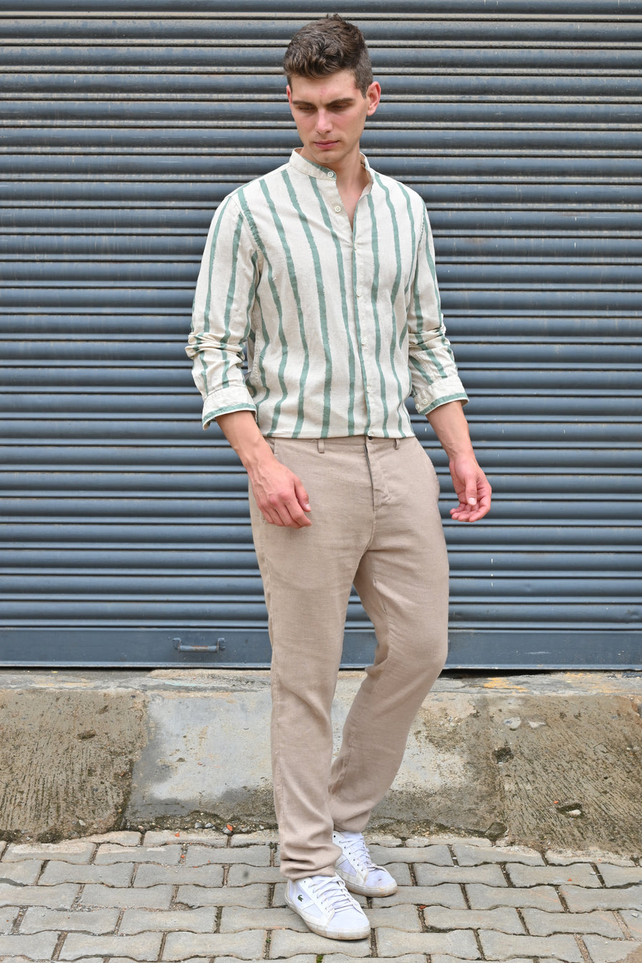 Billie - Striped Shirt With Mao Collar - Green