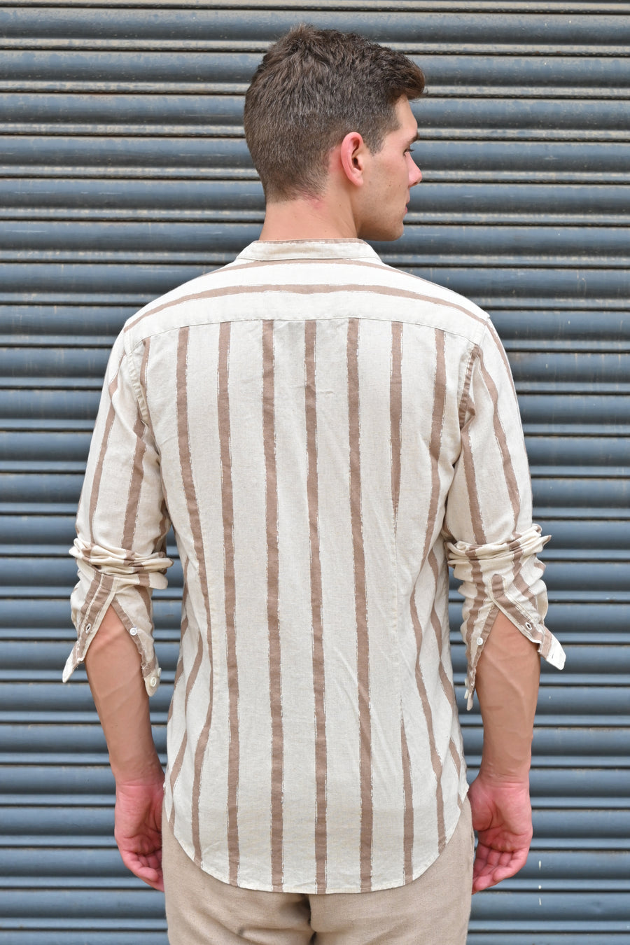 Billie - Striped Shirt With Mao Collar - Brown