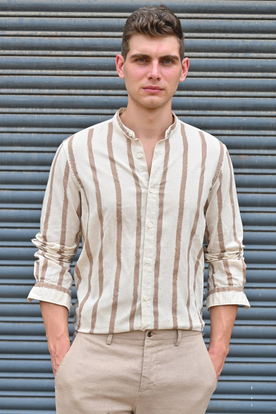 Billie - Striped Shirt With Mao Collar - Brown