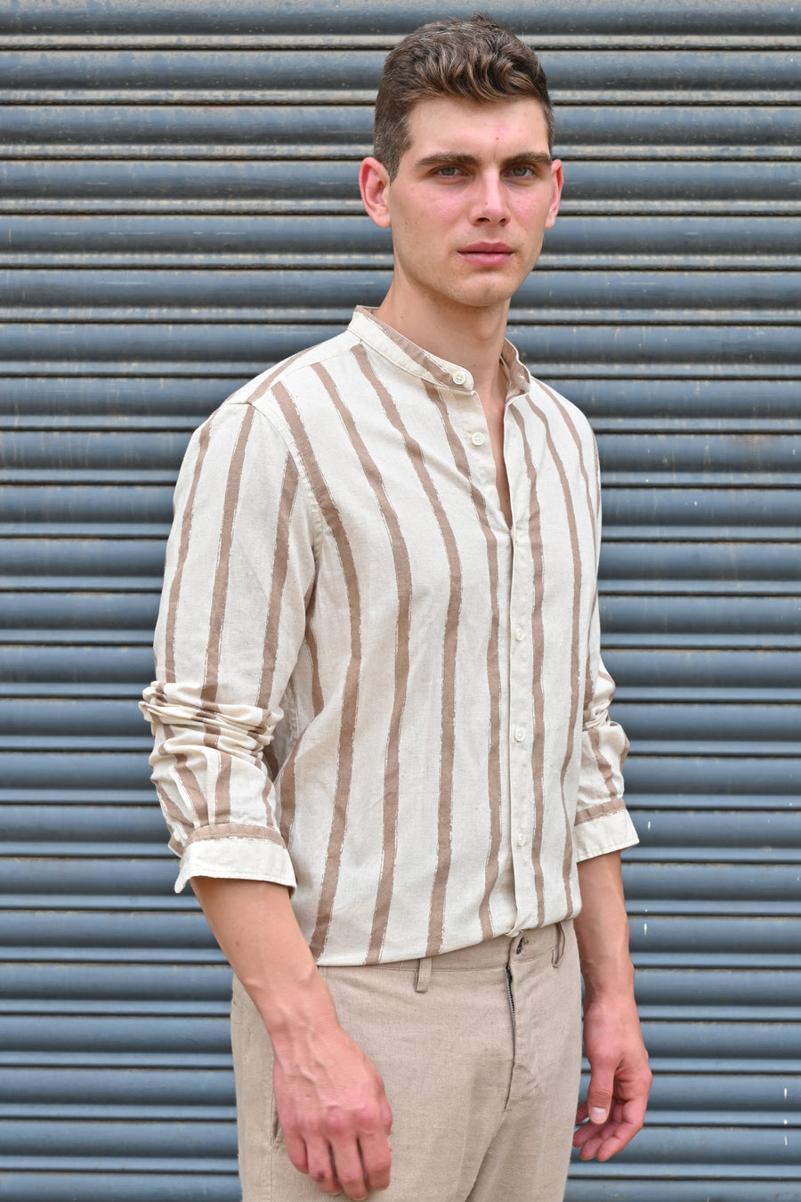 Billie - Striped Shirt With Mao Collar - Brown