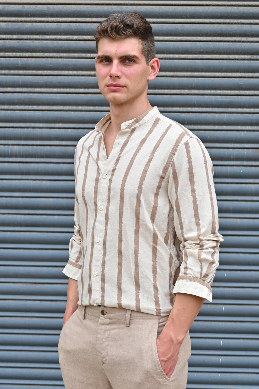 Billie - Striped Shirt With Mao Collar - Brown