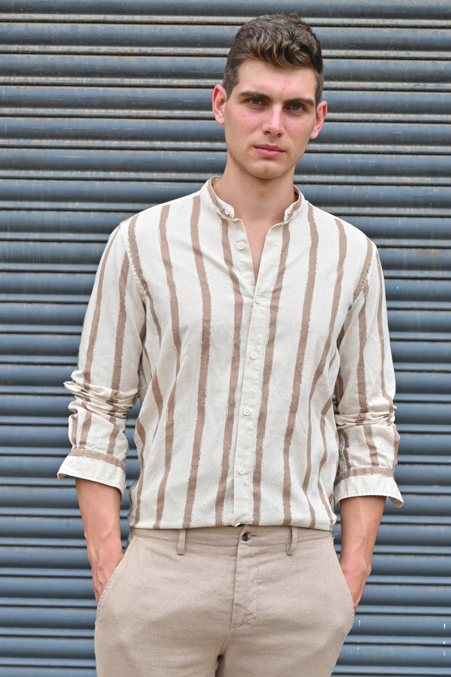 Billie - Striped Shirt With Mao Collar - Brown