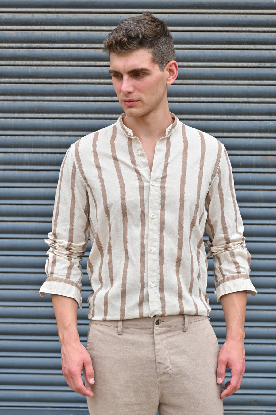 Billie - Striped Shirt With Mao Collar - Brown