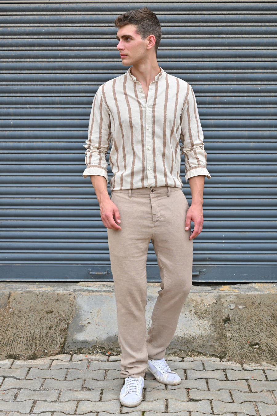 Billie - Striped Shirt With Mao Collar - Brown