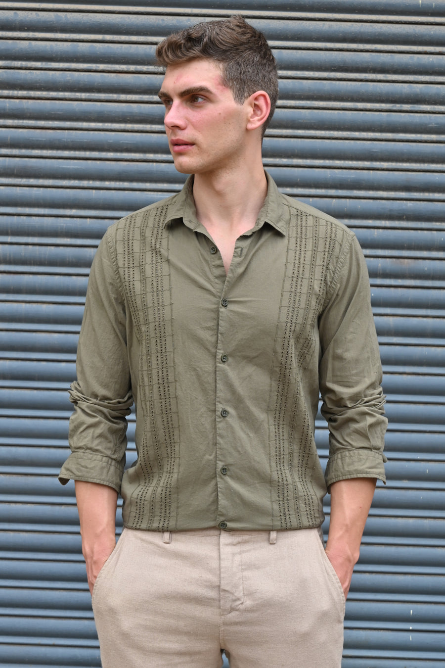 Amin - Crotchet Striped Shirt - Olive