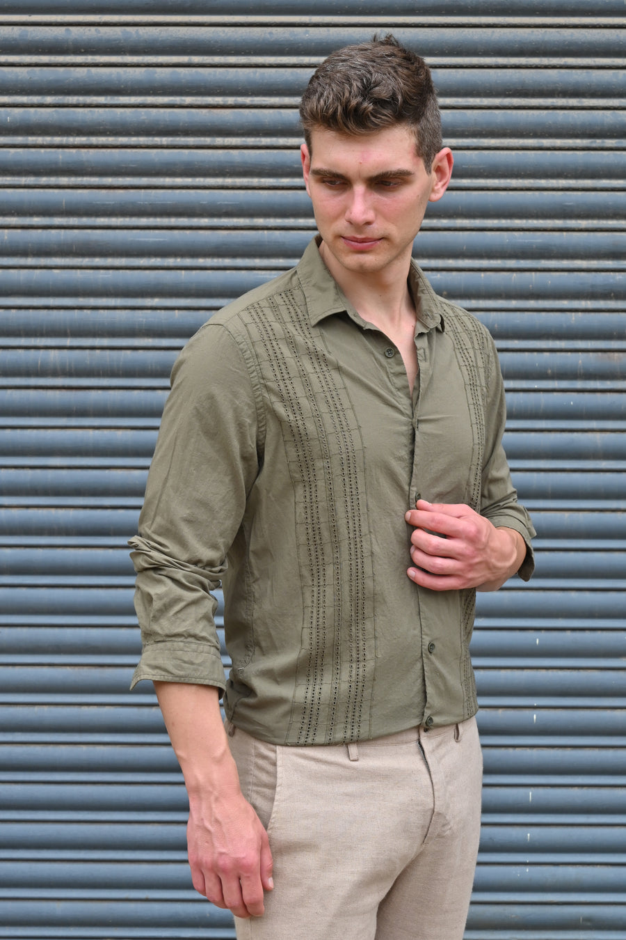 Amin - Crotchet Striped Shirt - Olive