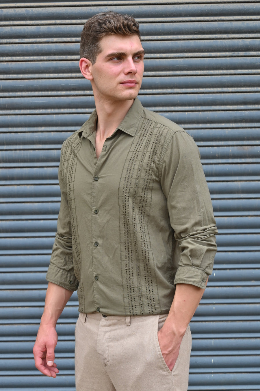 Amin - Crotchet Striped Shirt - Olive