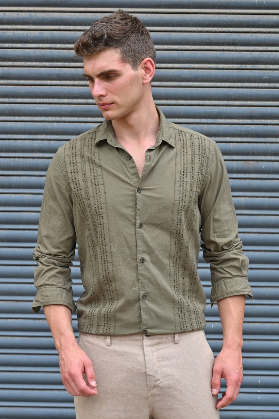 Amin - Crotchet Striped Shirt - Olive