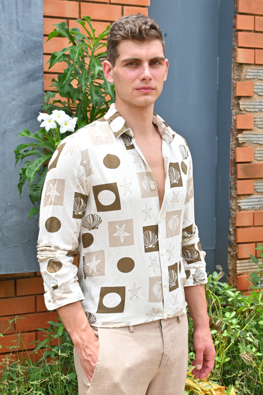 Hira - Cotton Linen Printed Shirt - Beige