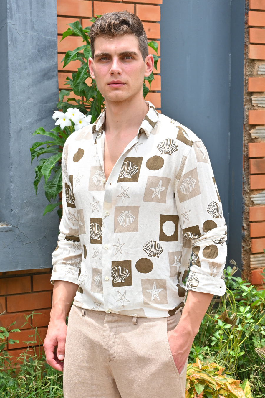 Hira - Cotton Linen Printed Shirt - Beige