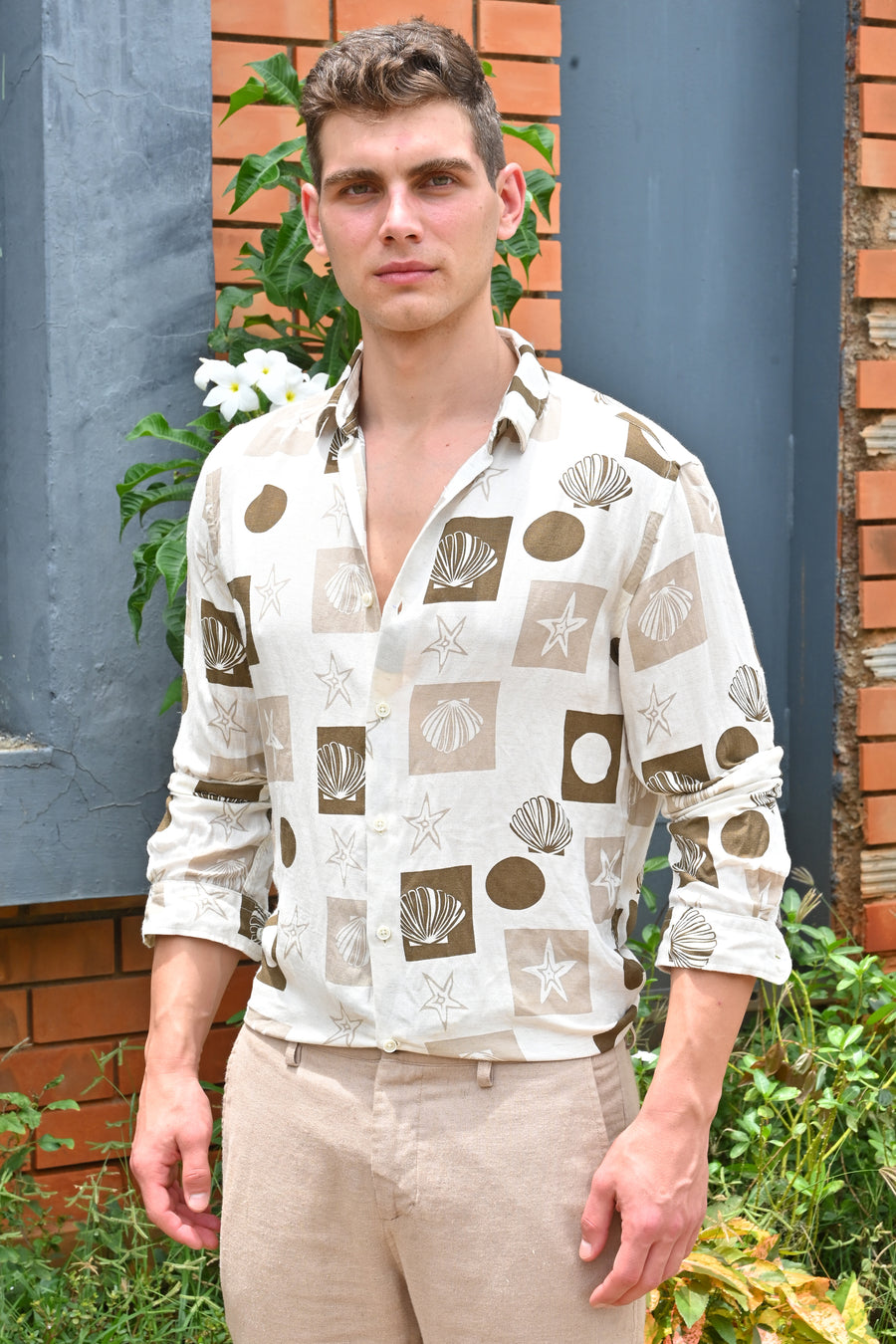 Hira - Cotton Linen Printed Shirt - Beige