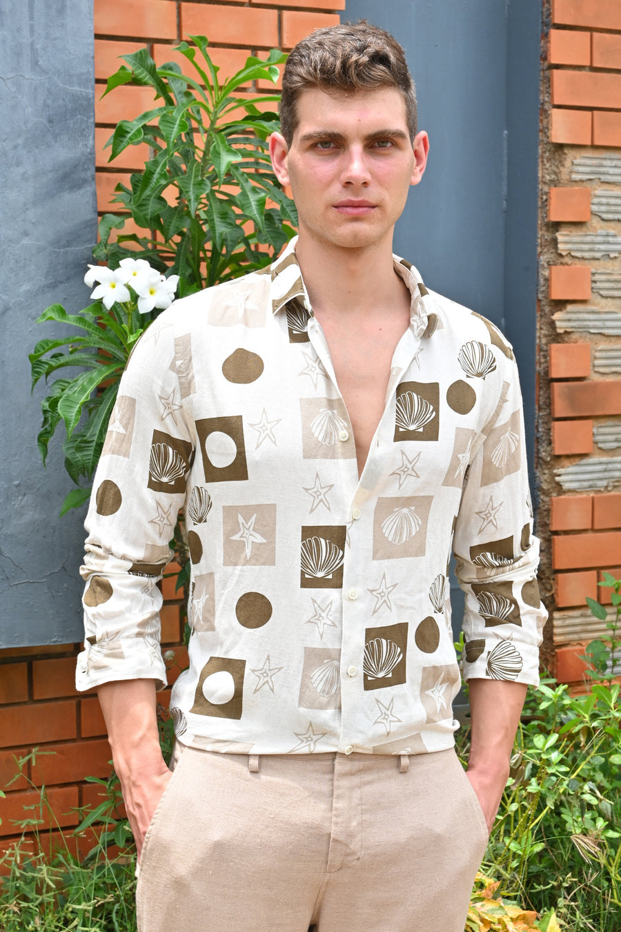 Hira - Cotton Linen Printed Shirt - Beige