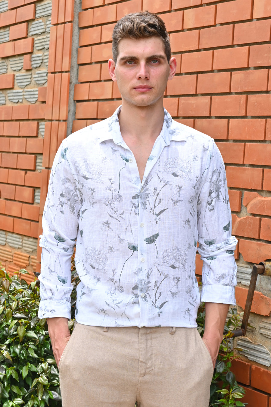 Island - Viscose Linen Printed Shirt - Off White