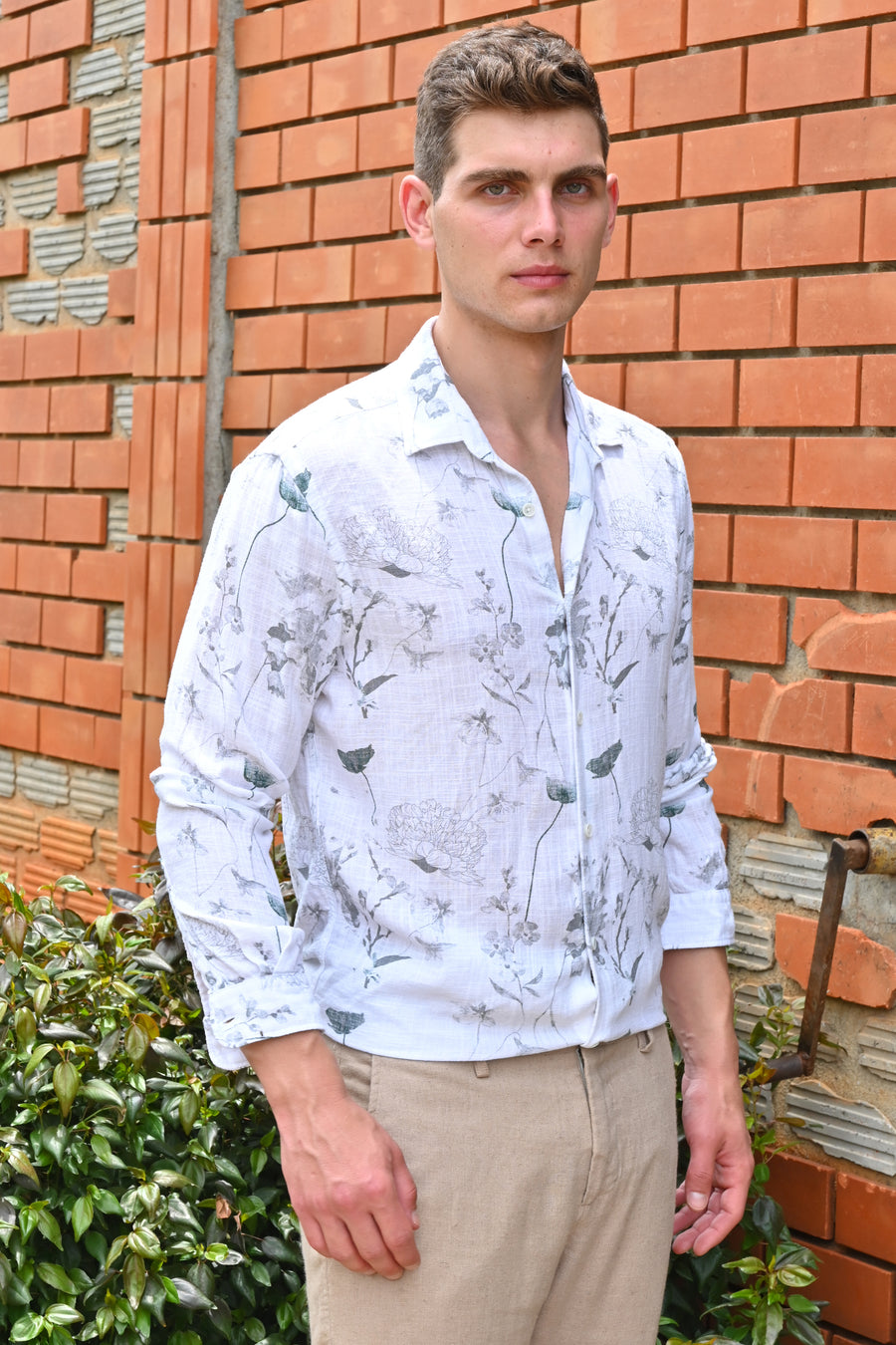 Island - Viscose Linen Printed Shirt - Off White