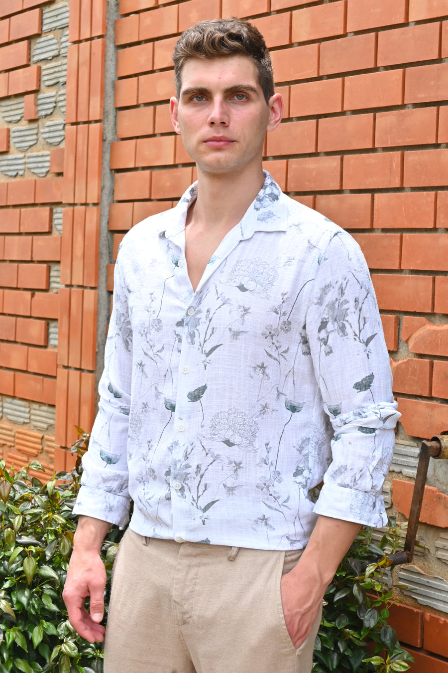 Island - Viscose Linen Printed Shirt - Off White