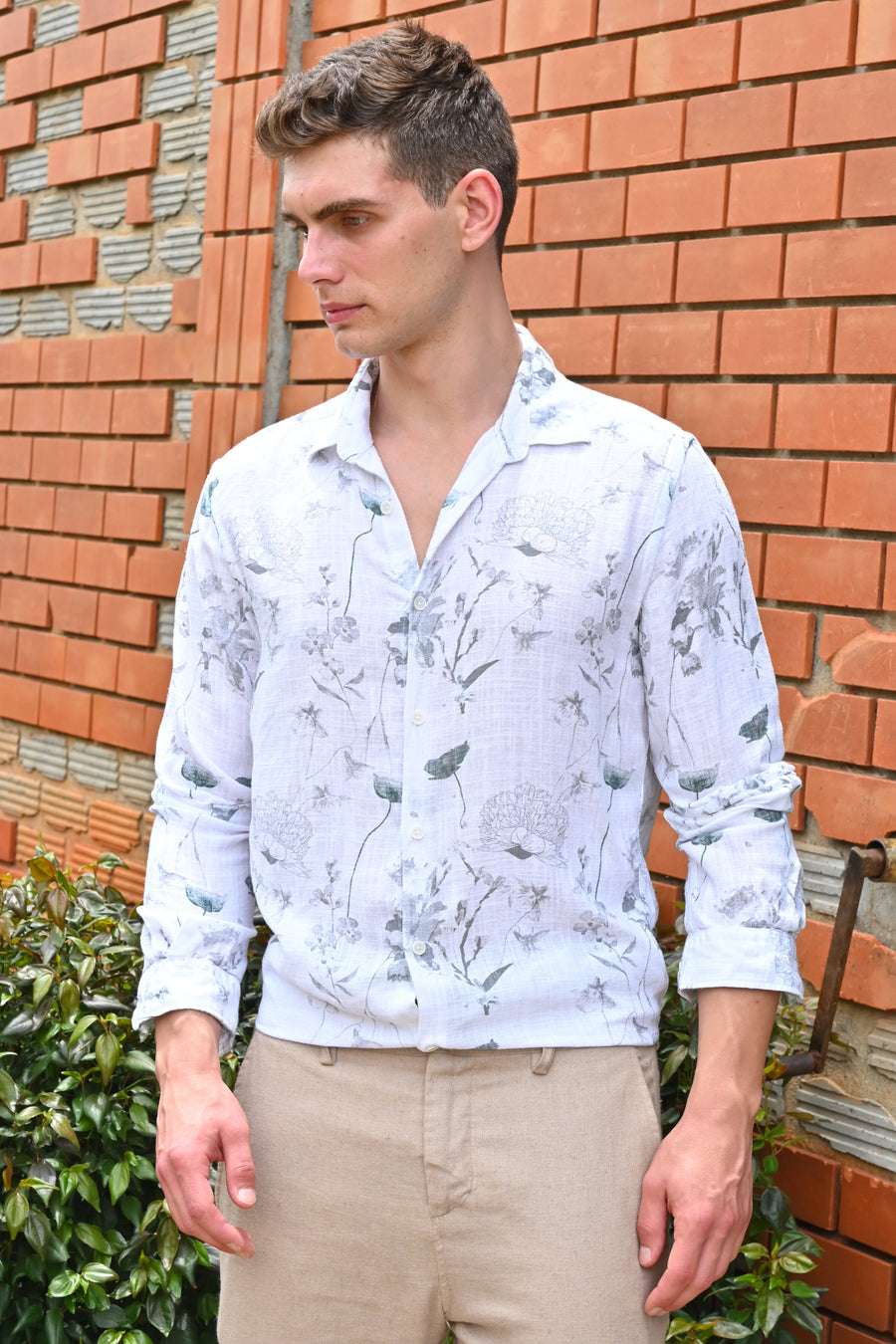 Island - Viscose Linen Printed Shirt - Off White