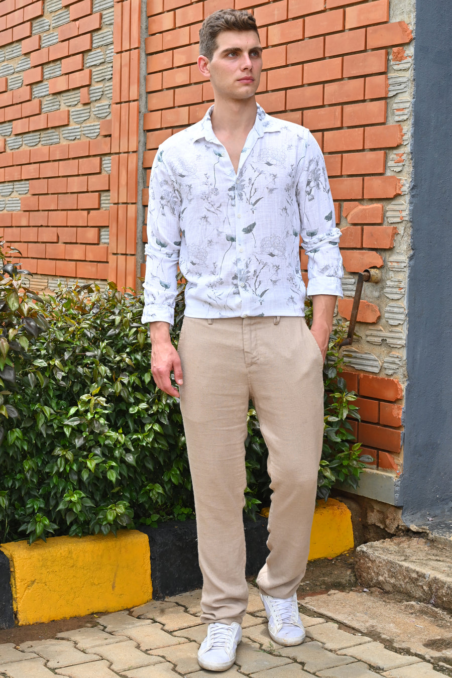 Island - Viscose Linen Printed Shirt - Off White