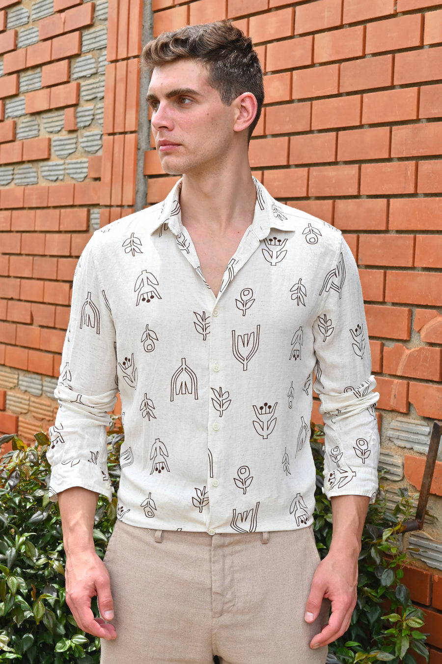 Luca - Viscose Linen Printed Shirt - Brown