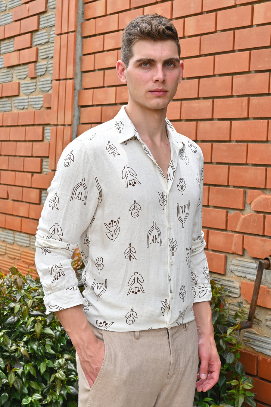 Luca - Viscose Linen Printed Shirt - Brown