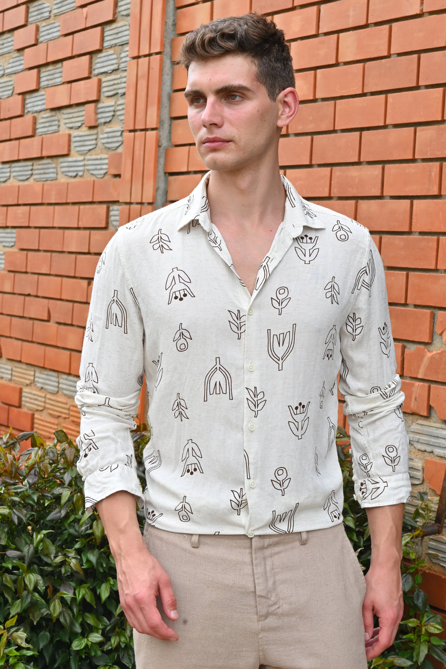 Luca - Viscose Linen Printed Shirt - Brown