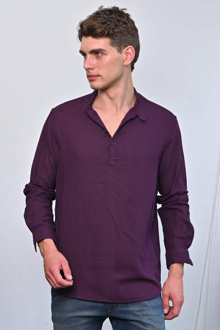 Ruby - Textured Solid Kurta Shirt - Burgundy