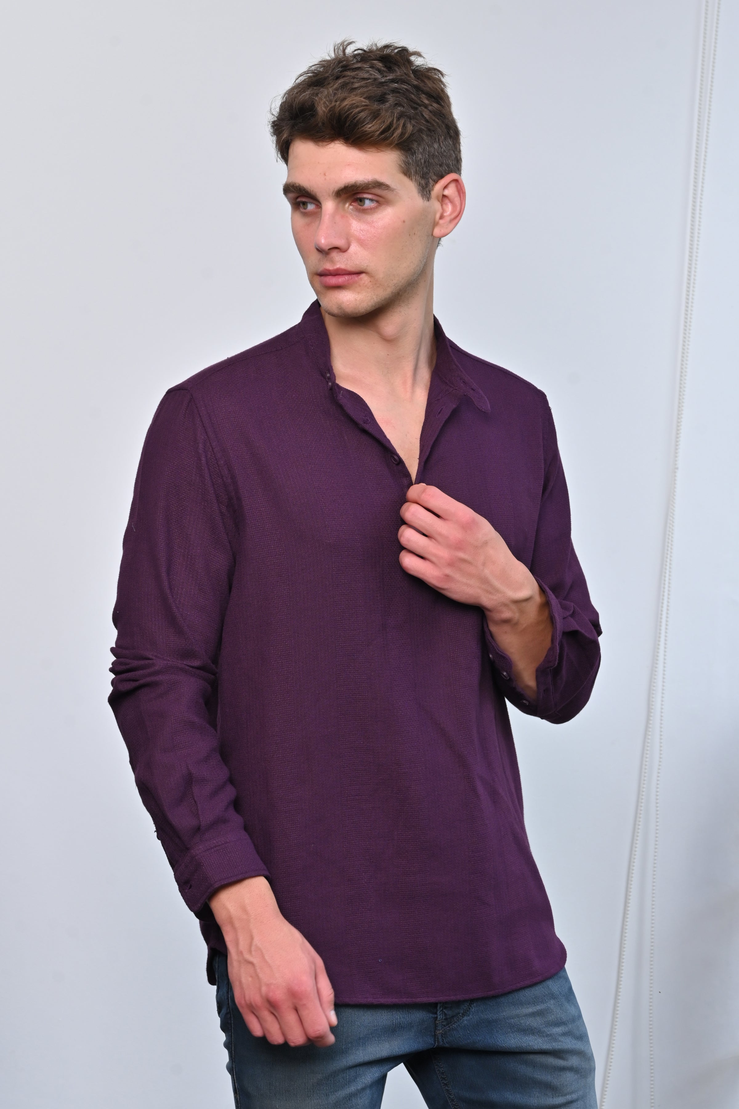 Ruby Textured Solid Kurta Shirt Burgundy Poe