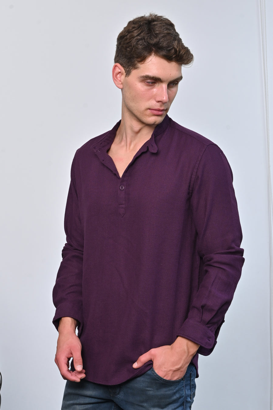 Ruby - Textured Solid Kurta Shirt - Burgundy