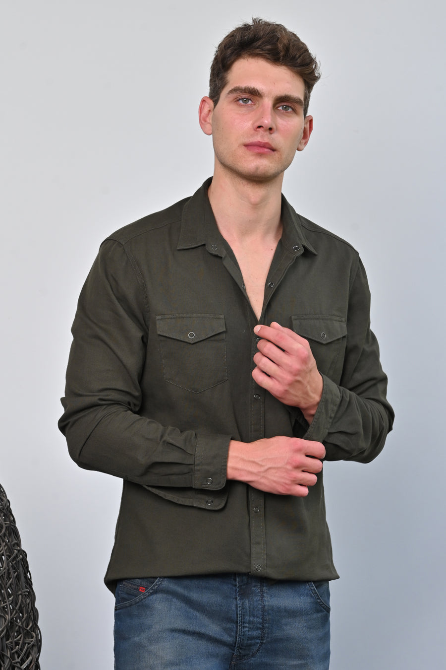 Brogan - Cotton Pocketed Solid Shirt - Dk Olive