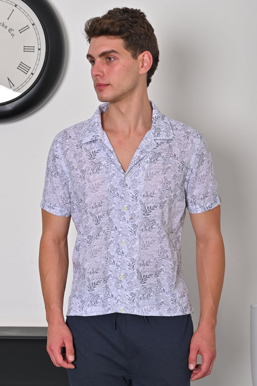 Baron - Cotton Linen Printed Shirt - Grey