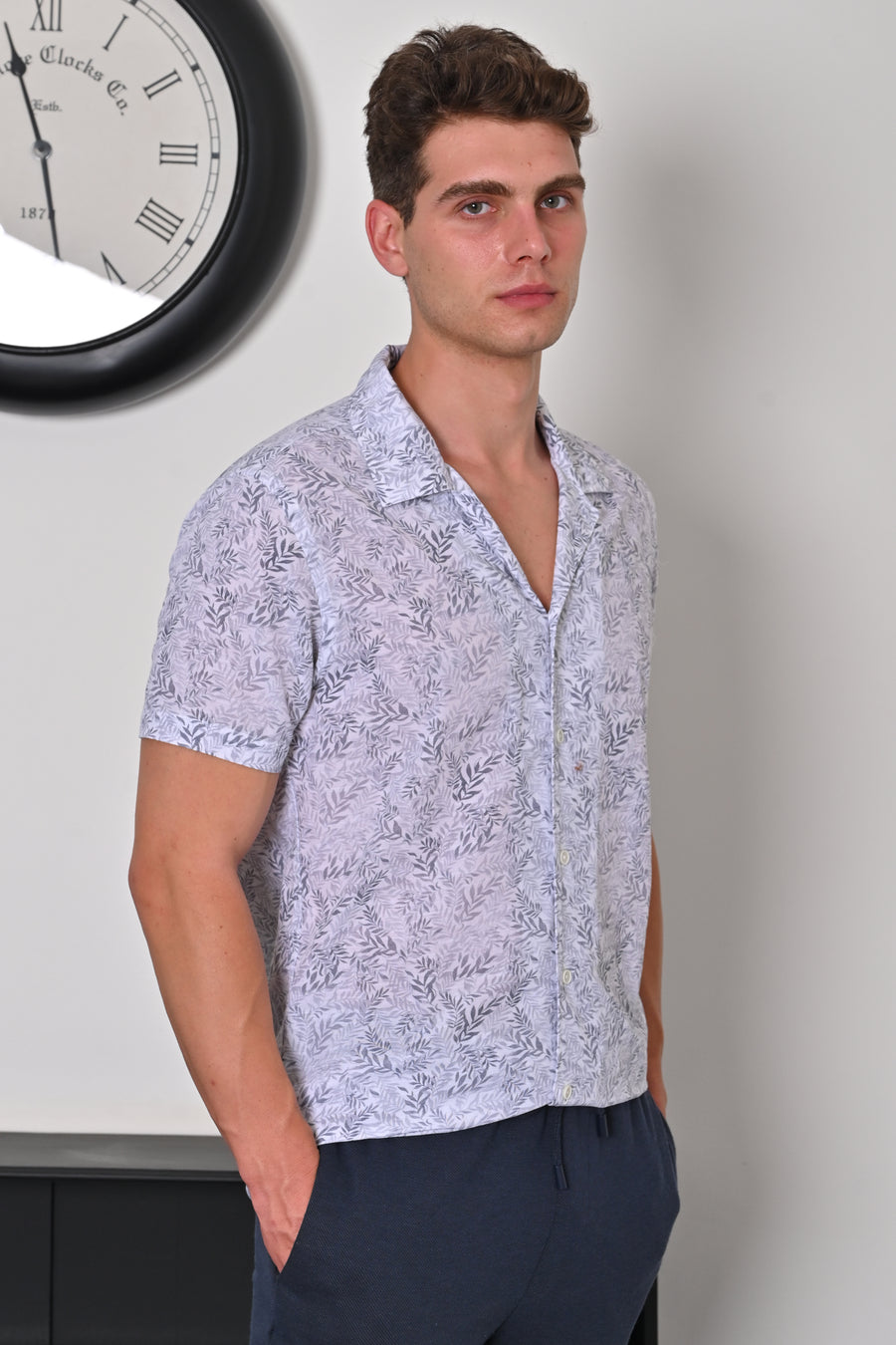 Baron - Cotton Linen Printed Shirt - Grey