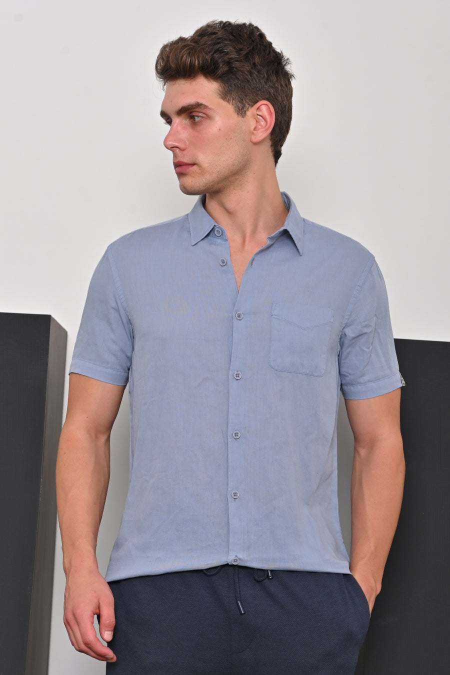 Charlie - Cotton Linen Solid Shirt - Blue